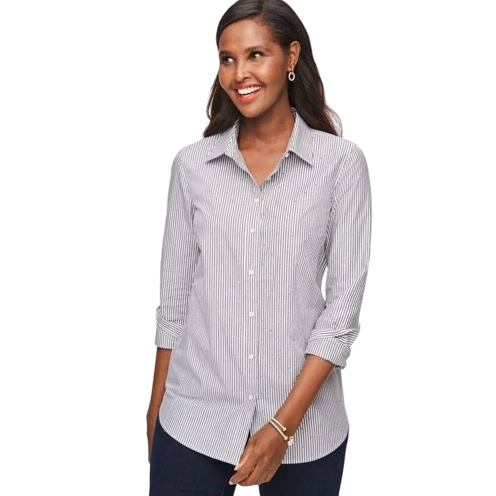 Talbots Womens Rhinestone Embellished Stripe Shirt Size Medium Petite Blue White